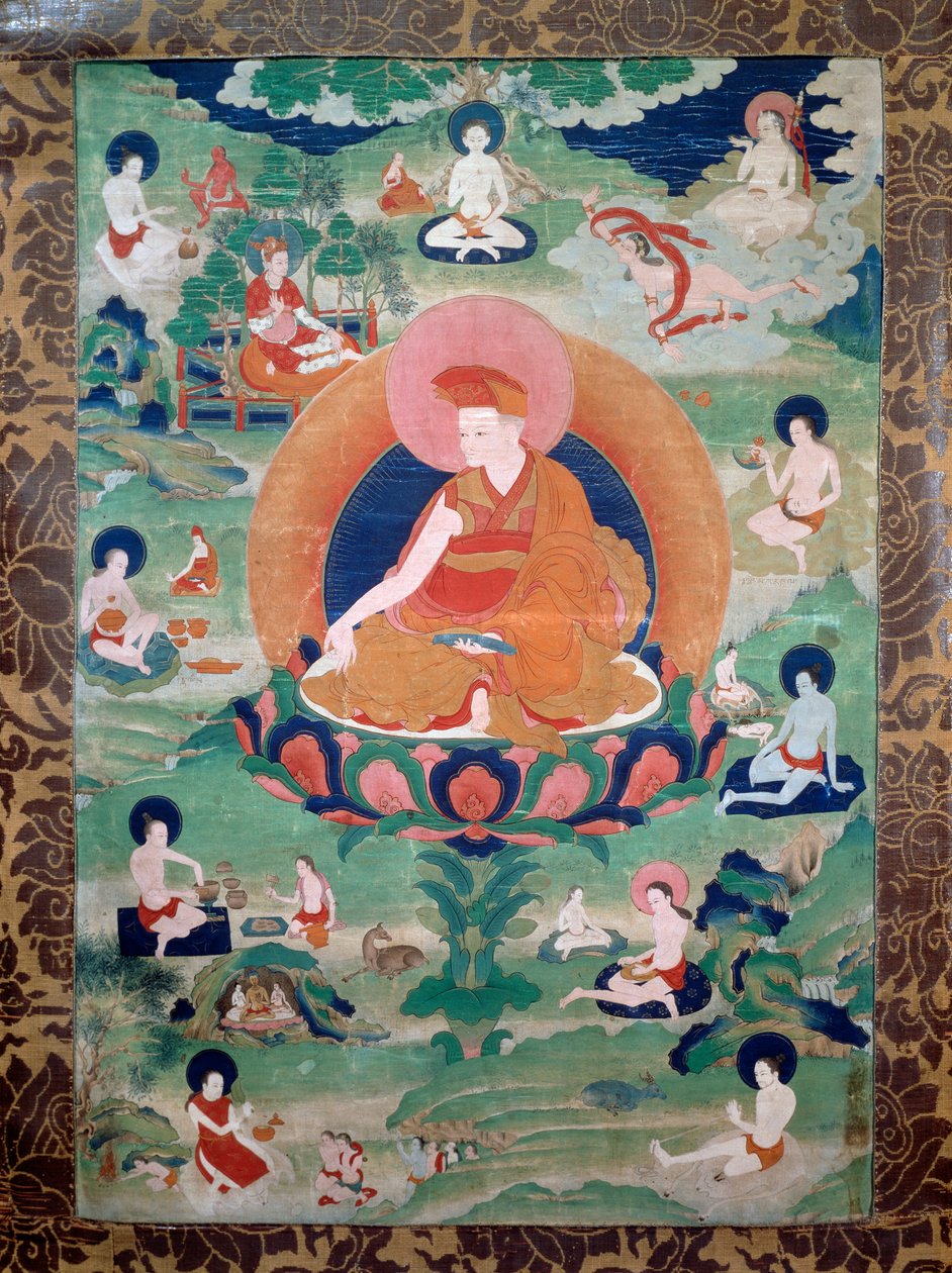O Lama Rdo Rje Grags Pa, que viveu no século XI, cercado por seus seguidores, pintura, civilização tibetana de Tibetan School