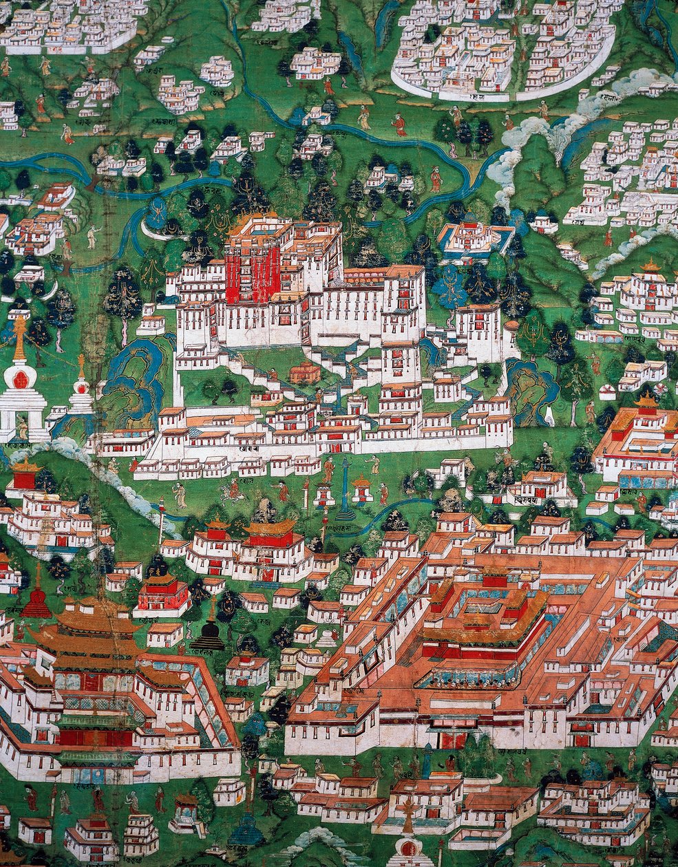 A cidade de Lhasa e o Potala, gravura colorida de Tibetan School