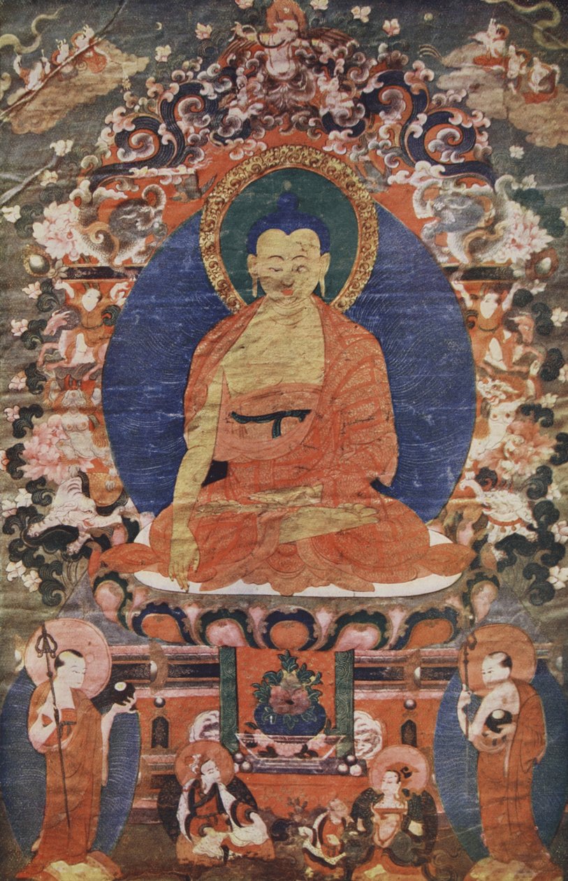 Imagem do Templo Tibetano de Buda entronizado, século XVIII, reproduzida no Esboço da História: sendo uma história simples da vida e da humanidade por HG Wells, Londres de Tibetan School