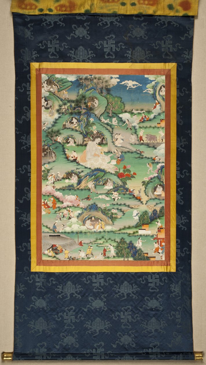Uma cena da vida de Milarepa Thangka, final do século XVIII. de Tibetan culture