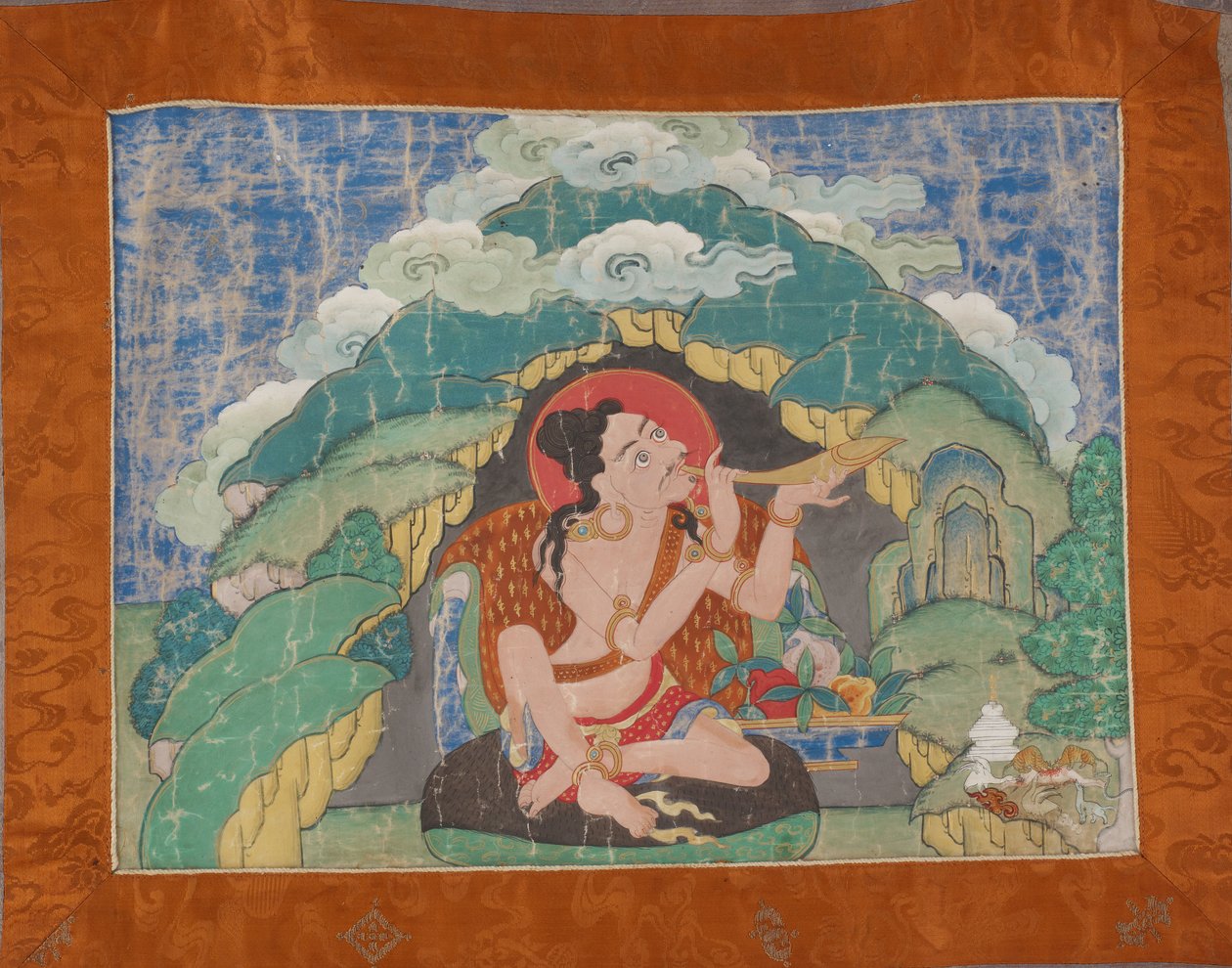 Mahasiddha Krishnacharya, de um conjunto parcial de thangkas, início do século 19 (pigmentos minerais em algodão dimensionado; montagem de brocado original) de Tibetan School