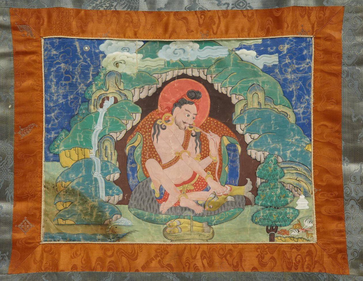 Mahasiddha Luipa, de um conjunto parcial de thangkas, no início do século XIX (pigmentos minerais em algodão de tamanho médio; montagem original em brocado) de Tibetan School