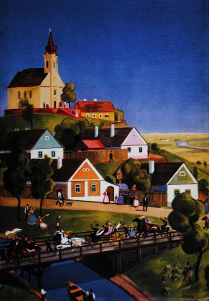A típica aldeia húngara, ilustração de uma brochura turística, c.1930-40 (cor litho) de Tibor Polya