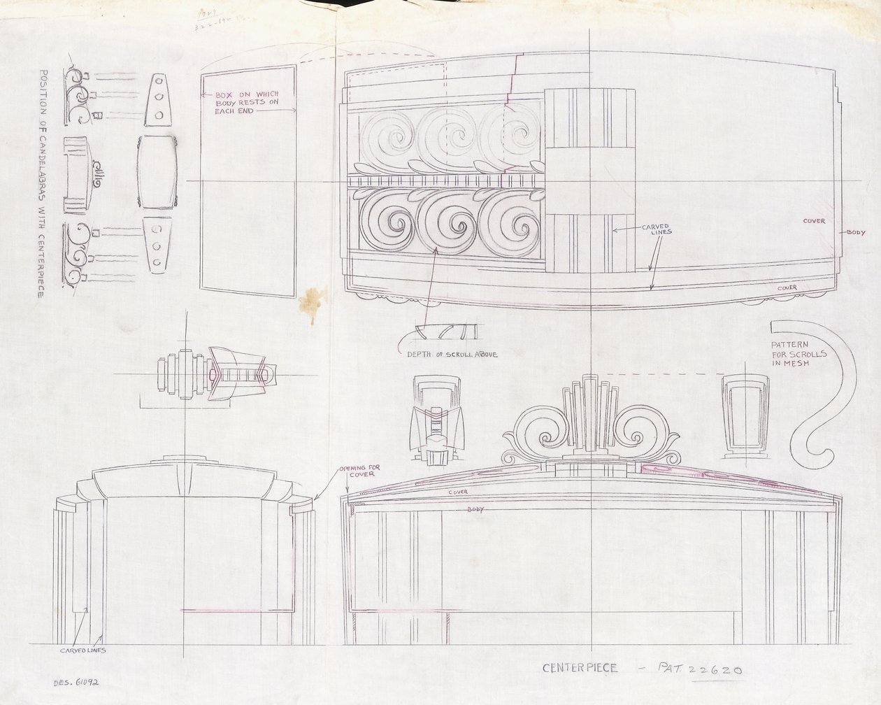 Um desenho para uma peça central de exposição da Tiffany & Co. e dois candelabros de três luzes, feito para a Feira Mundial de 1939, por volta de 1939 (tinta no papel) de Tiffany and Company