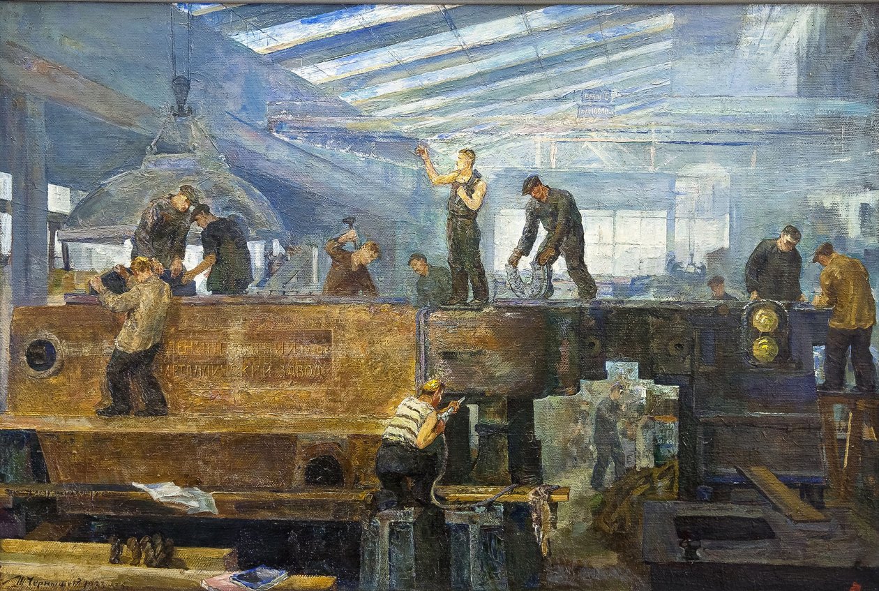 Le plan quinquennal - Instalação de turbina por Chernyshev, Tikhon Pavlovich (1882-1942). Óleo sobre tela, tamanho: 75x110 de Tikhon Pavlovich Chernyshev
