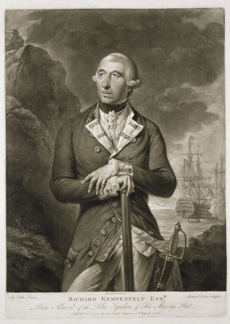 Retrato de Richard Kempenfelt (1718-82) Contra-almirante do azul, gravado pelo bar de Richard Earlom (1743-1822). por John Boydell (1719-1804) 1782 de Tilly Kettle