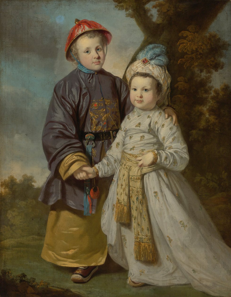 Retrato, de, duas crianças, em, oriental, trajes de Tilly Kettle