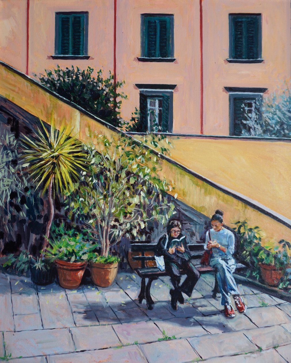 No banco, 2023 (óleo sobre tábua) de Tilly Willis