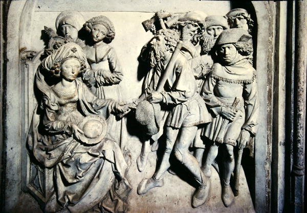 Tumba de Henri II (973-1024) e sua esposa Kunigunde, detalhe de Kunigunde dispensando servos desonestos de Tilman Riemenschneider