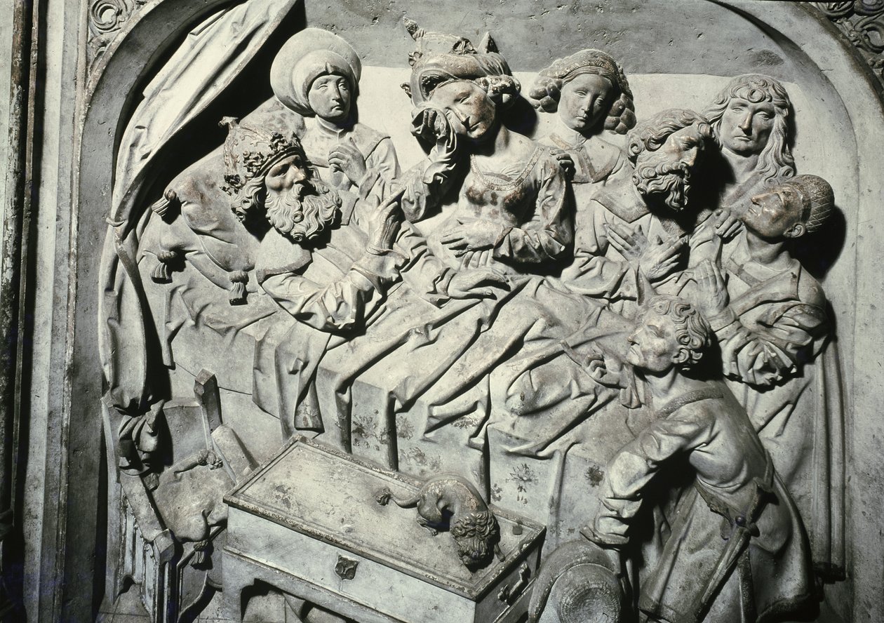 Túmulo de Henri II 973-1024 e sua esposa Kunigunde, detalhe da morte do imperador, 1499-1513 pedra de Tilman Riemenschneider