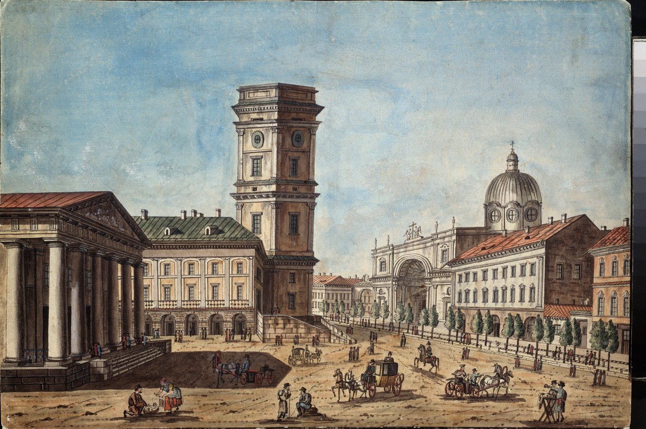 Vue de la perspective Nevsky a Saint Petersbourg (Vista do Prospekt Nevsky em São Petersburgo) - Oeuvre de Timofei Alexeyevich Vasilyev (1783-1838), aquarelle et encre sur papier, vers 1810 - Art russe de Timofei Alexeyevich Vasilyev