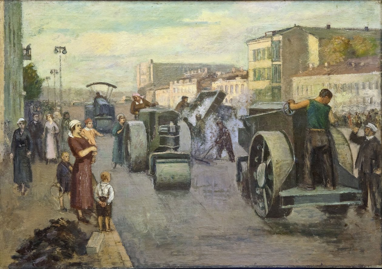 A reconstrução de Moscovo par Pustovalov, Timofei Ermilovich (1891-1944). Óleo sobre tela, tamanho : 82x115 de Timofei Ermilovich Pustovalov