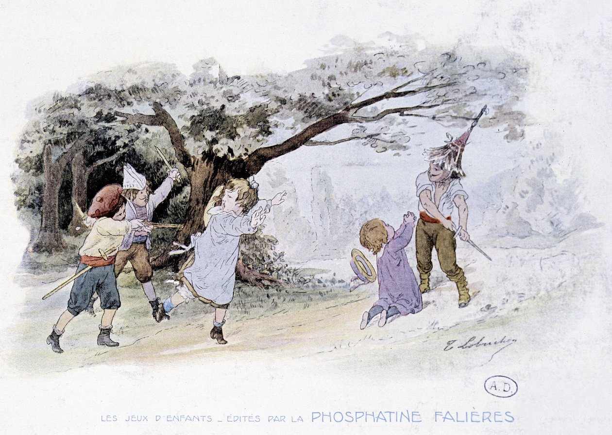 Jogos infantis: crianças jogando guerra, soldados - dess. de Lobrichon, ed. de Phosphatine Falières, v.1920 de Timoleon Marie Lobrichon