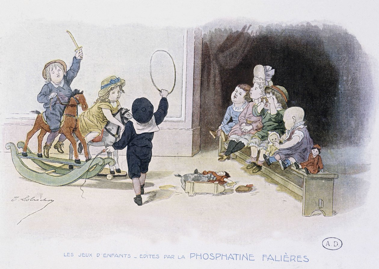 Jogos infantis: crianças com diferentes brinquedos (aro, cavalo de balanço, bonecos...) - dess. de Lobrichon, ed. de Phosphatine Falieres, v.1920 de Timoleon Marie Lobrichon