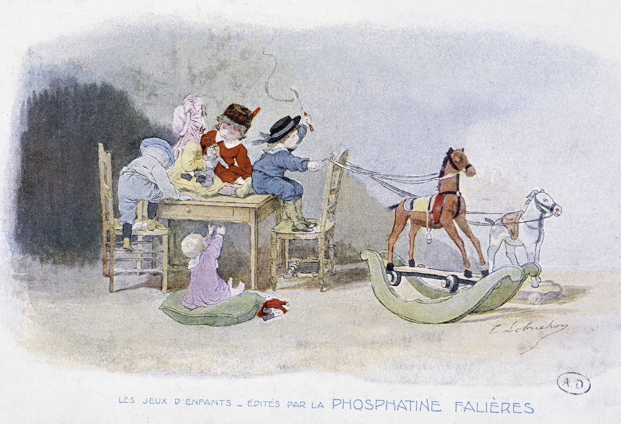 Jogos infantis: cavalos de balanço - dess. de Lobrichon, ed. de Phosphatine Falières, v.1920 de Timoleon Marie Lobrichon