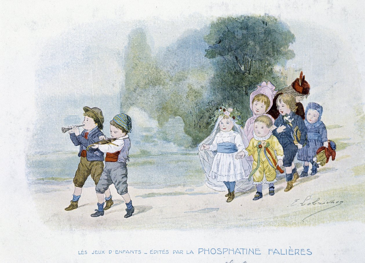 Jogos infantis: procissão de casamento, crianças disfarçadas de noivas - dess. de Lobrichon, ed. de Phosphatine Falières, v.1920 de Timoleon Marie Lobrichon