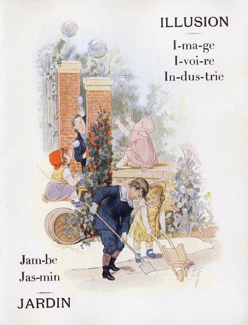 Cartas I e J representando crianças em um jardim, no final do século XIX (cromolitografia) de Timoleon Marie Lobrichon