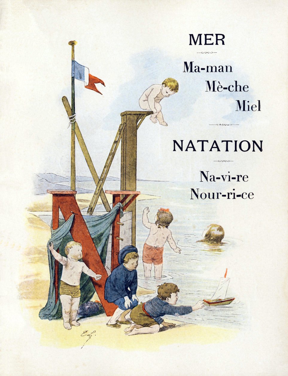 Cartas M e N representando as crianças na praia, final do século XIX (cromolitografia) de Timoleon Marie Lobrichon