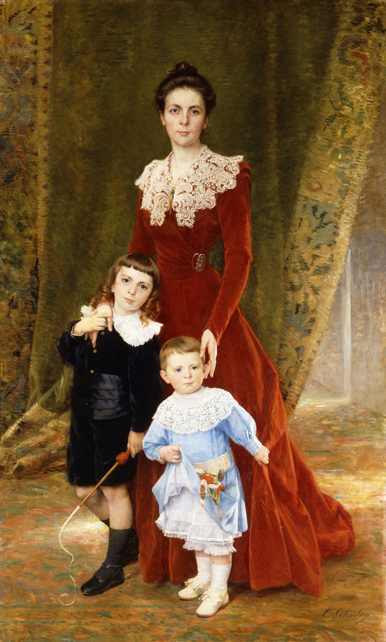 Retrato de uma senhora, de pé, com seus filhos, de Timoleon Marie Lobrichon