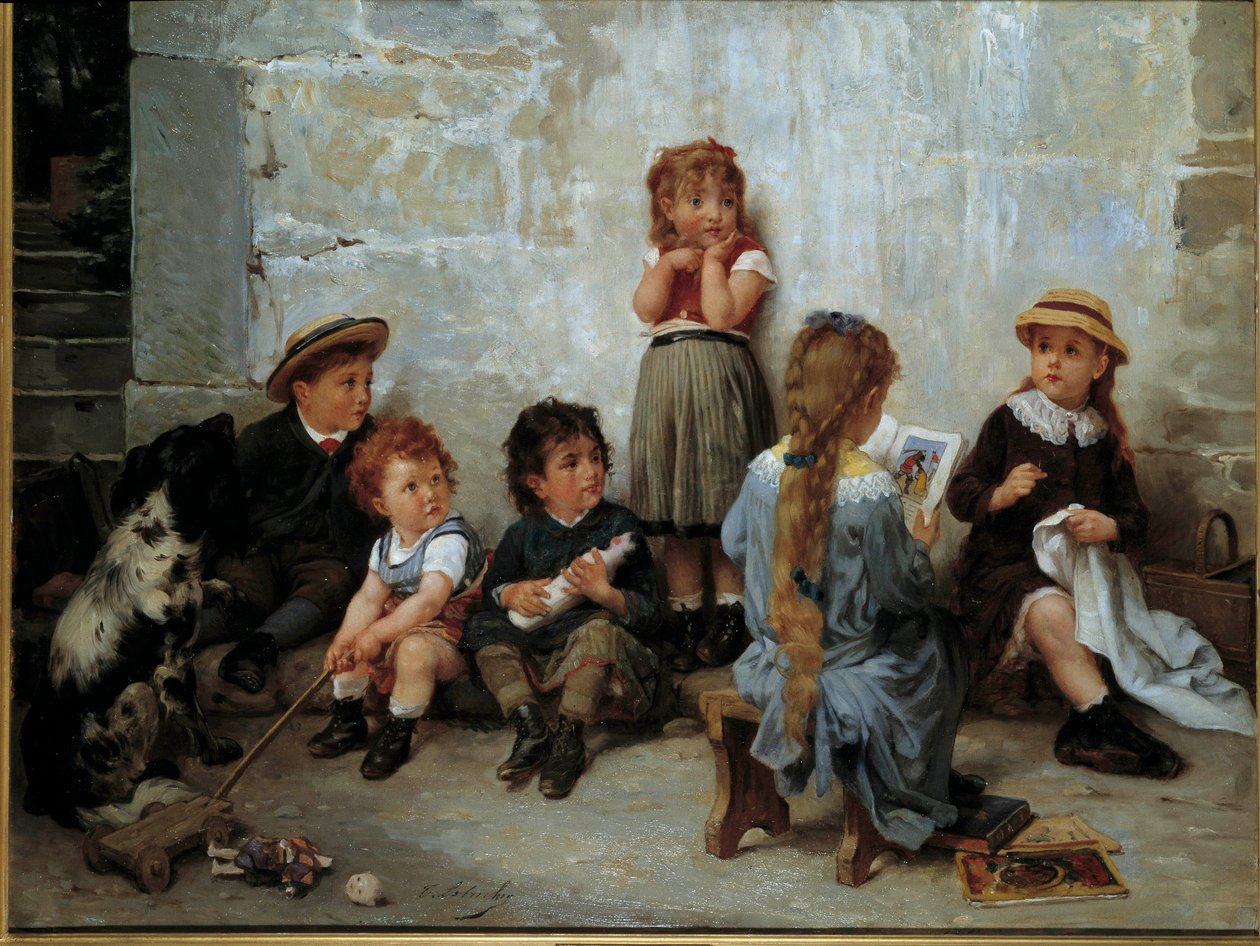 A passagem emocionante Crianças ouvindo um livro. Pintura de Timoleon Lobrichon (1831-1914) Século XIX. Coleção particular de Timoleon Marie Lobrichon