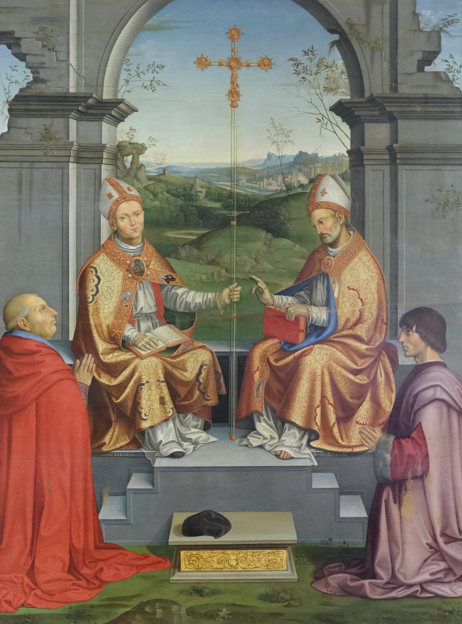 Os santos Tomás Becket e Martinho de Tours adorados pelo bispo Giovanni Pietro Arrivabene e pelo seu sobrinho Giacomo de Timoteo Viti