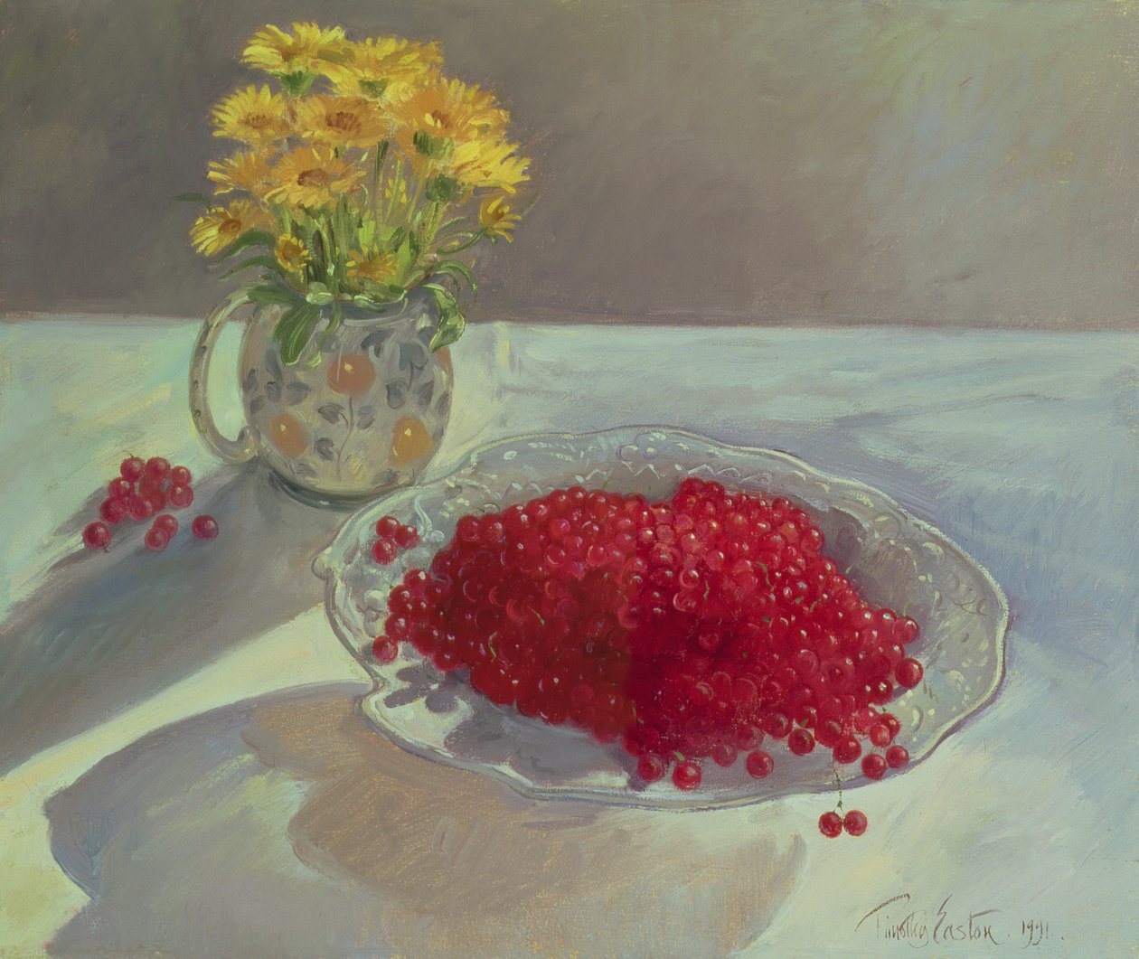 Ainda vida com redcurrants e Marigolds, 1991 de Timothy Easton