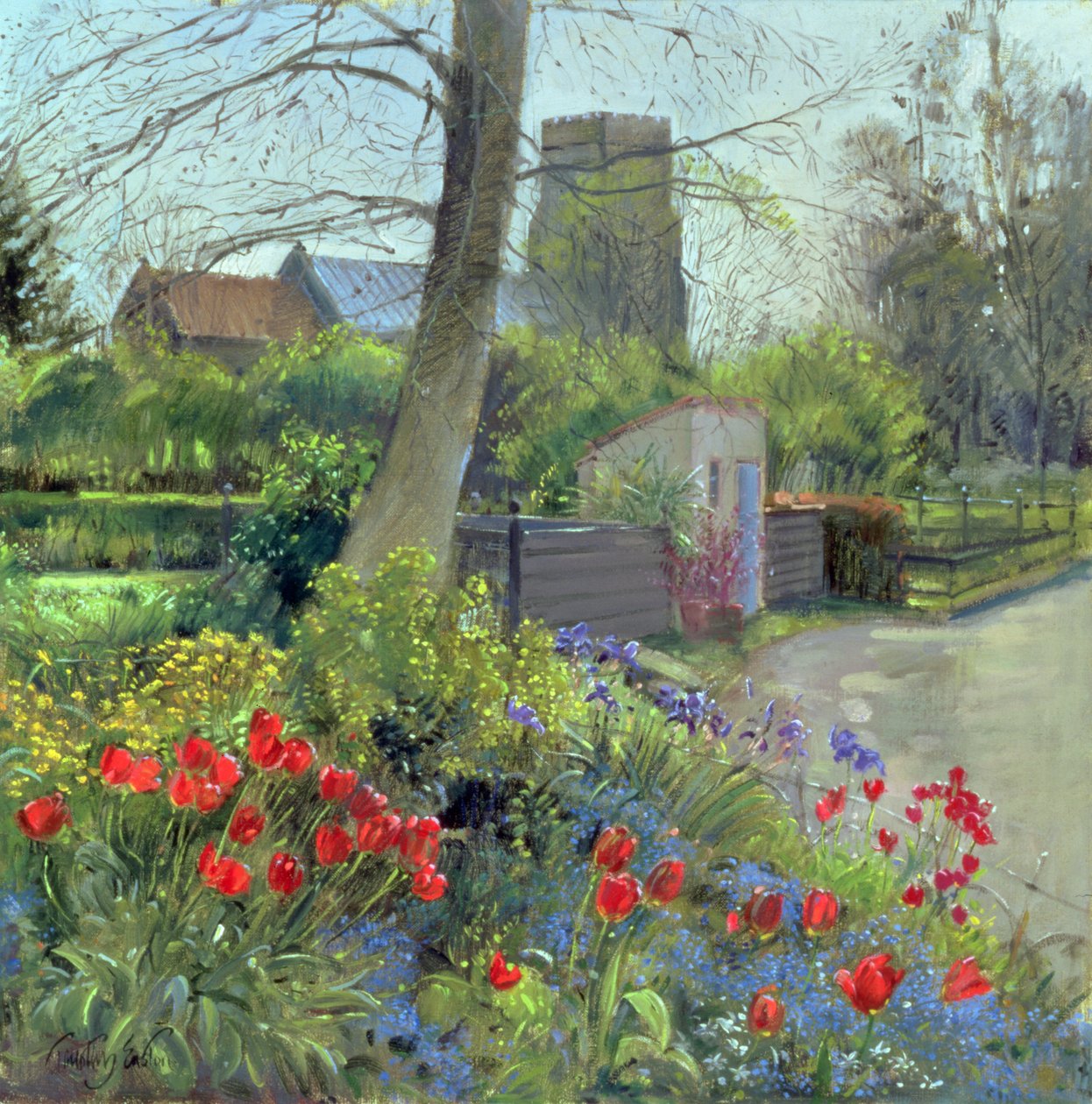 Red Tulips and Bedfield Church (óleo sobre tela) de Timothy Easton