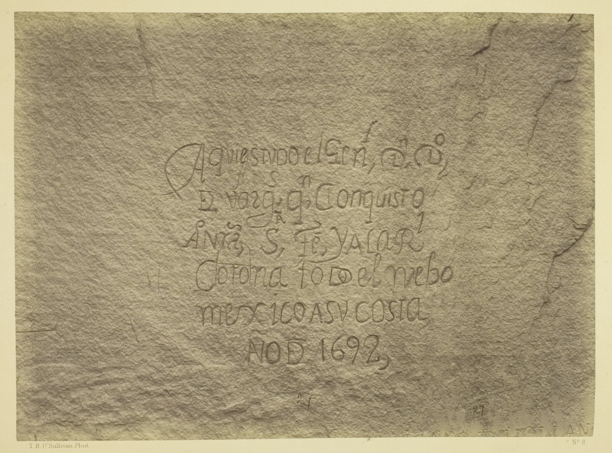 Registo Histórico Espanhol da Conquista, Lado Sul da Pedra da Inscrição, N.M. Explorações e Levantamentos Geográficos e Geológicos a Oeste do 100º Meridiano. Expedição de 1873. -Tenente Geo. M. Wheeler, Corpo de Engenheiros, Comandante. de Timothy O