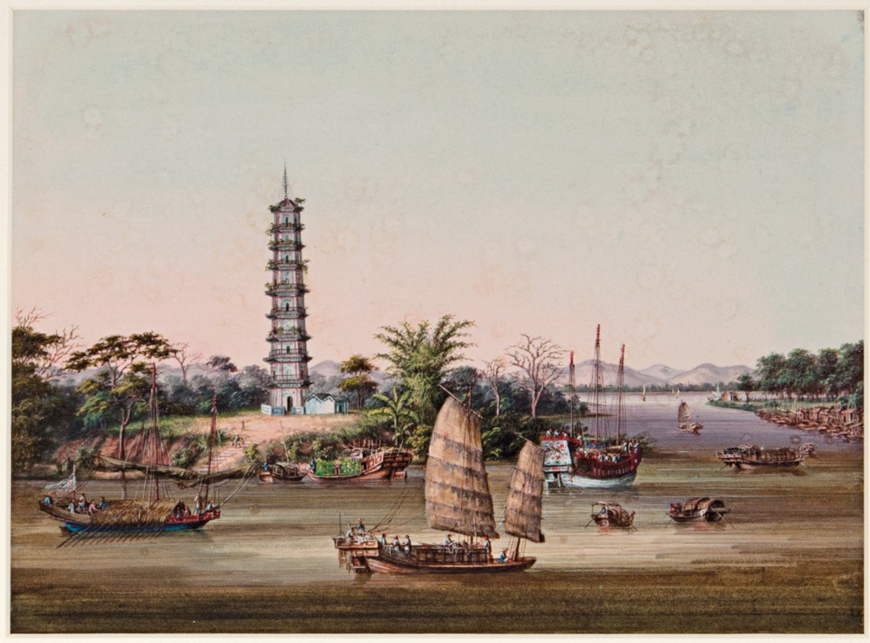 O pagode de Whampoa, com nove andares, no Rio das Pérolas de Tingqua