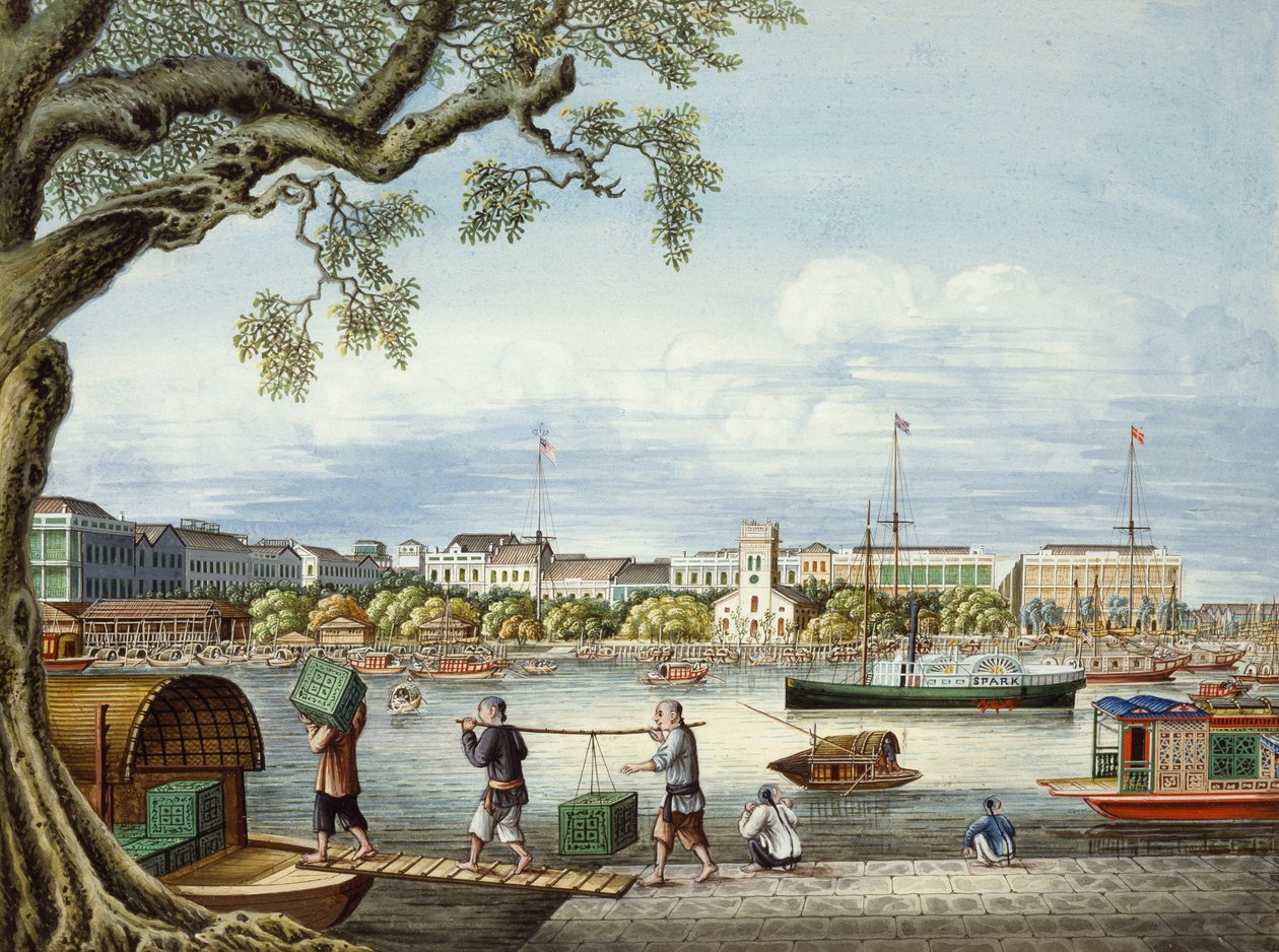 Os Hongs de Cantão, c.1852 (guache sobre papel) de Tinqua