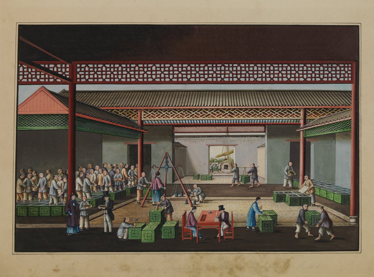 Pesagem e compra de chá, c.1860 (aguarela sobre papel) de Tinqua