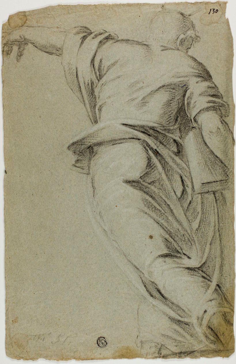 Moses caminhando para a esquerda, apontando com a mão esquerda de Tintoretto