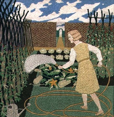 Uma mulher a regar o jardim (trabalho com agulhas) de Tirzah Ravilious