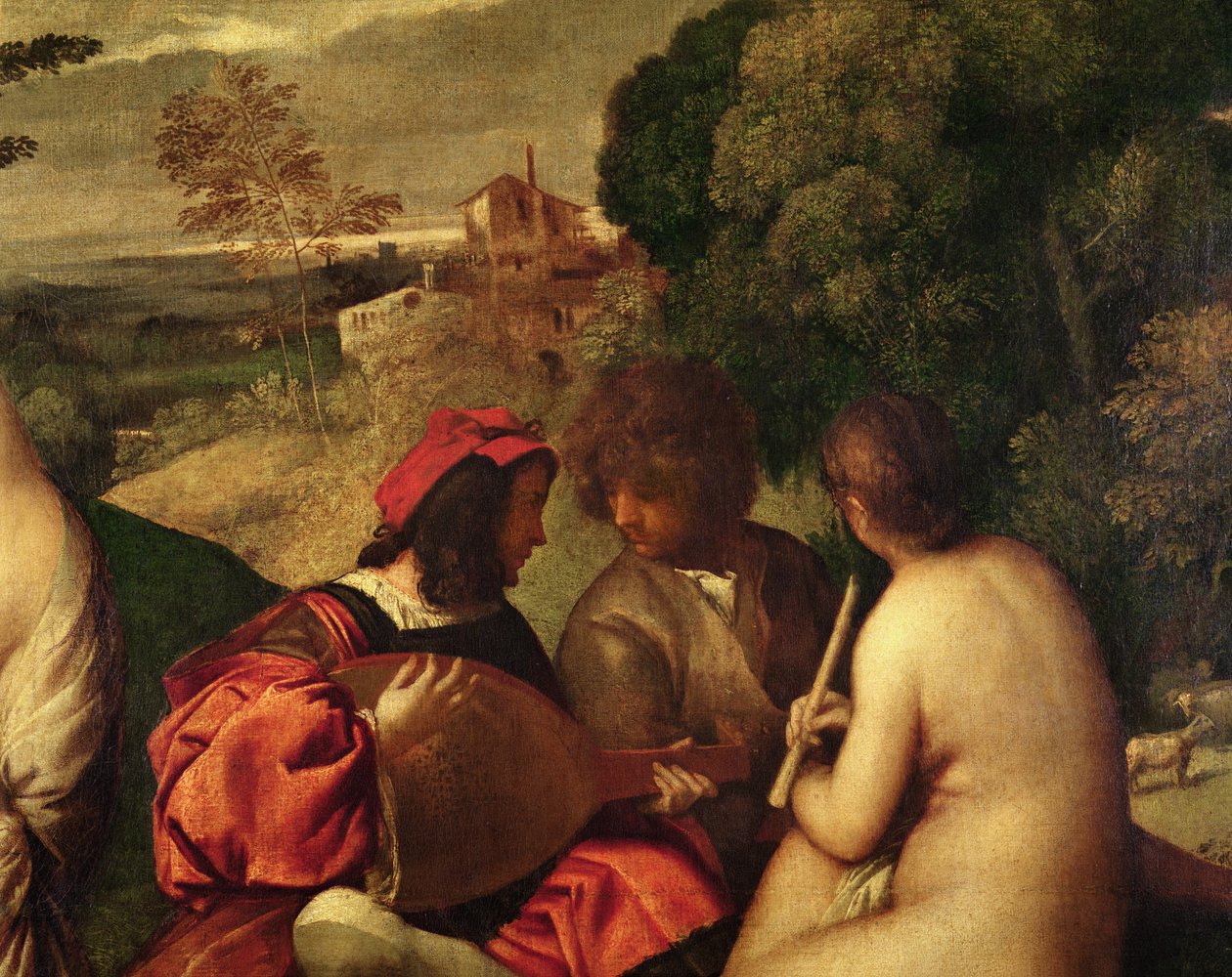 Le Concert Champetre Concerto ao ar livre, c.1510 óleo sobre tela detalhe de 18096 de Tiziano Vecelli
