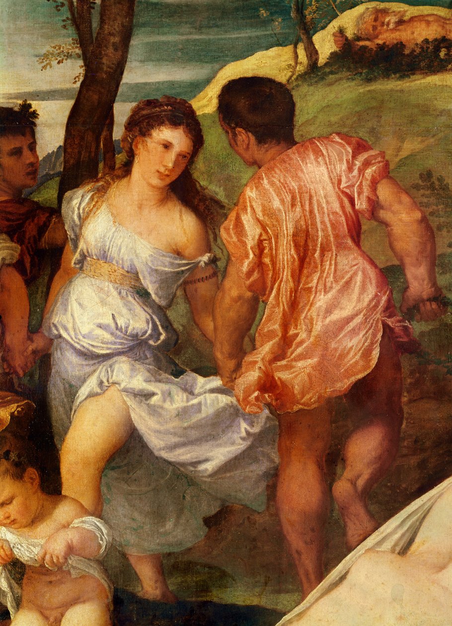 O Bacanal, detalhe de duas figuras atrás de Ariane. c.1518 óleo sobre tela de Tiziano Vecelli