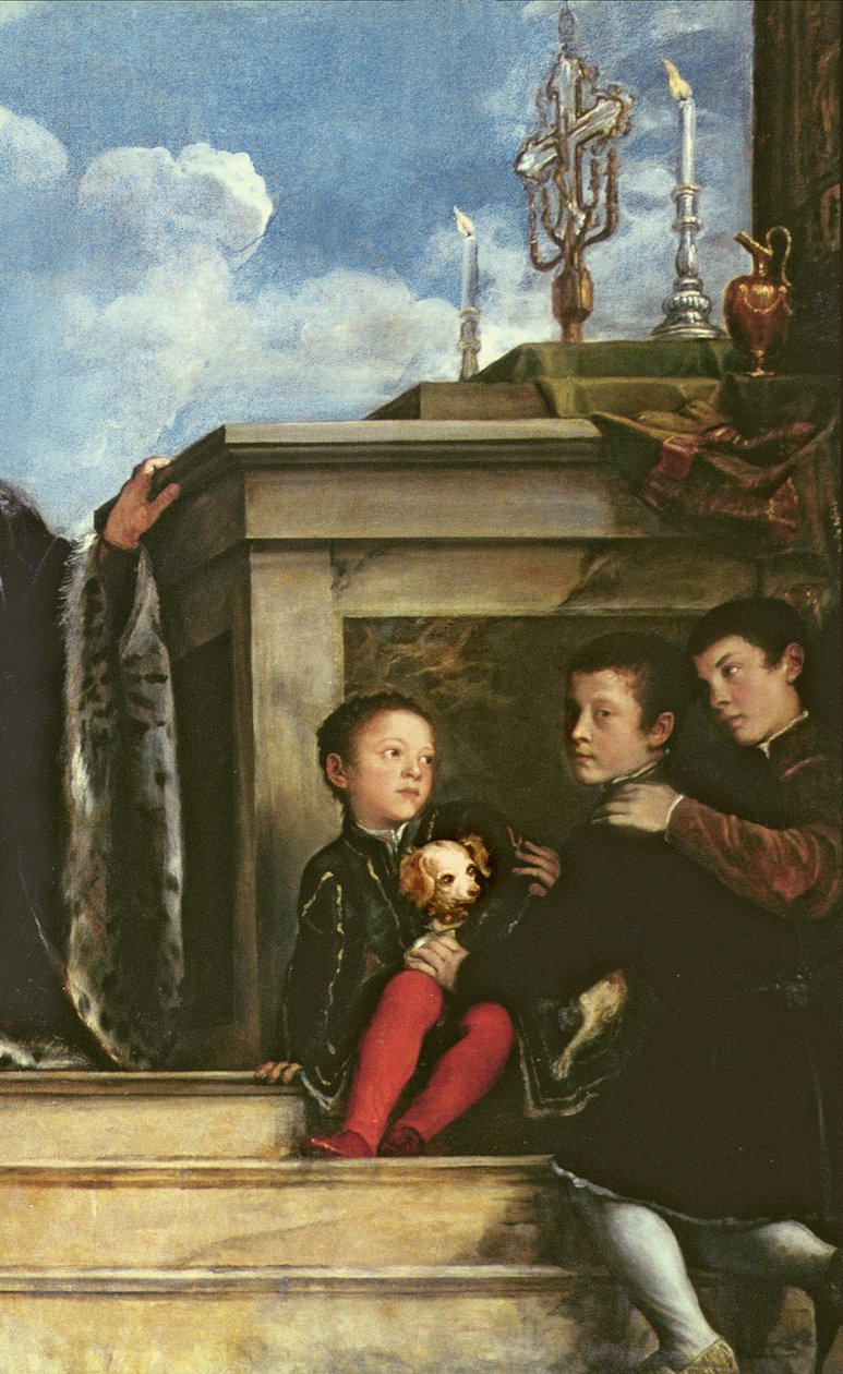 A família Vendramin, 1543-47 óleo sobre tela detalhe de 146860 de Tiziano Vecelli