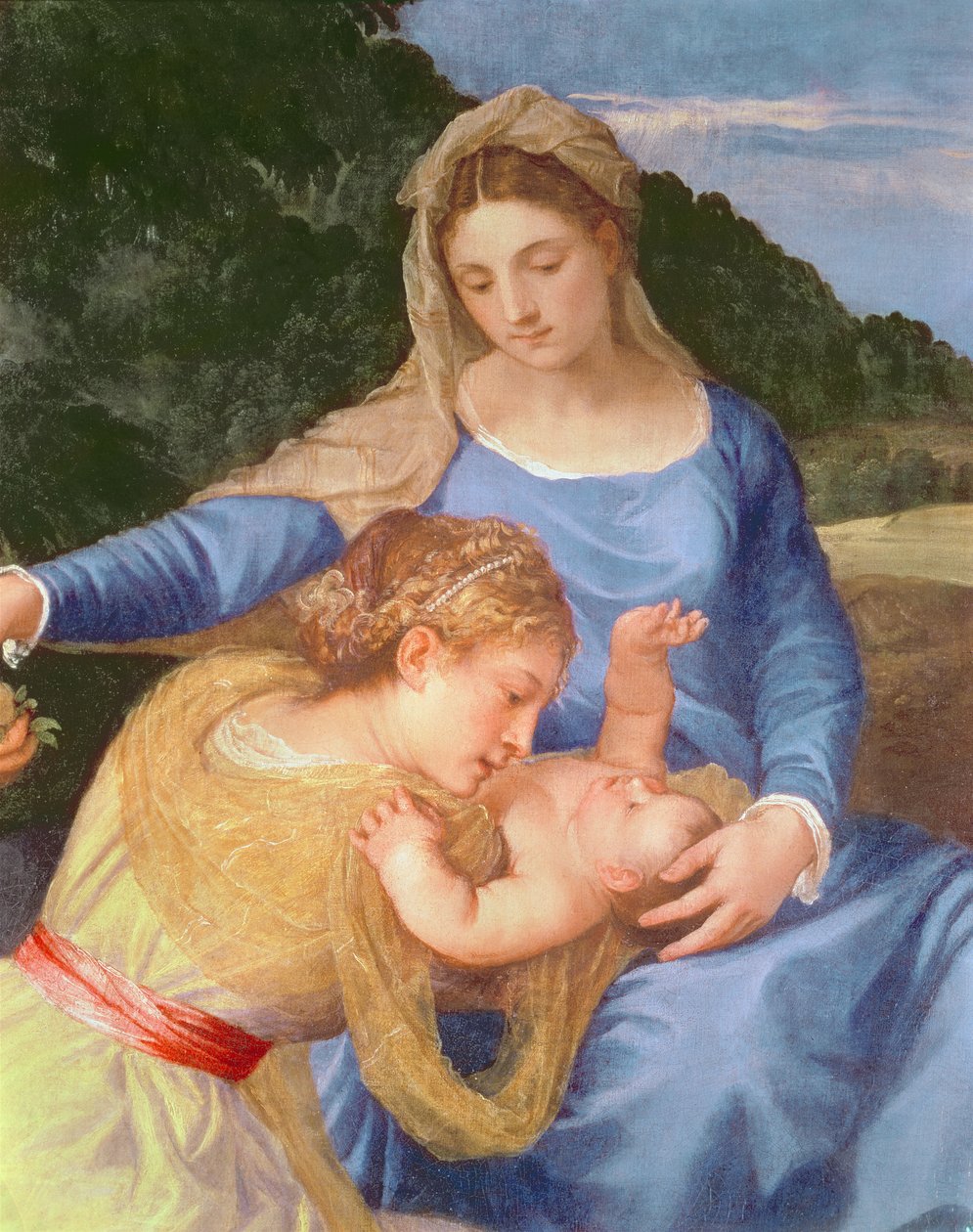 A Virgem e o Menino com São João Batista e uma Santa Feminina, detalhe da Virgem, Menino Jesus e santa fêmea, c.1530-35 óleo sobre tela de Tiziano Vecelli