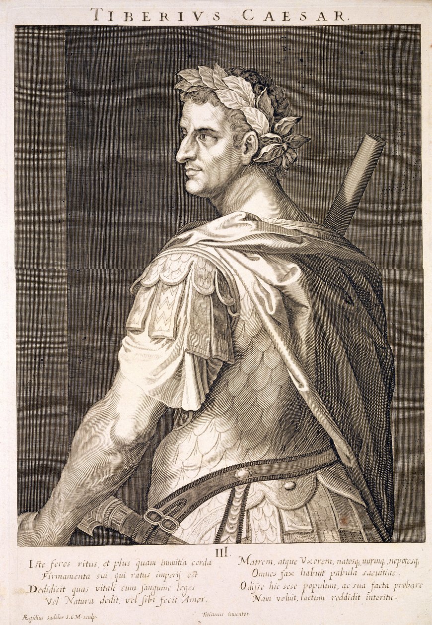 Tibério César (10 aC - 54 dC) Imperador de Roma 14-37 dC gravado por Aegidius Sadeler (1570-1629) de Tiziano Vecelli