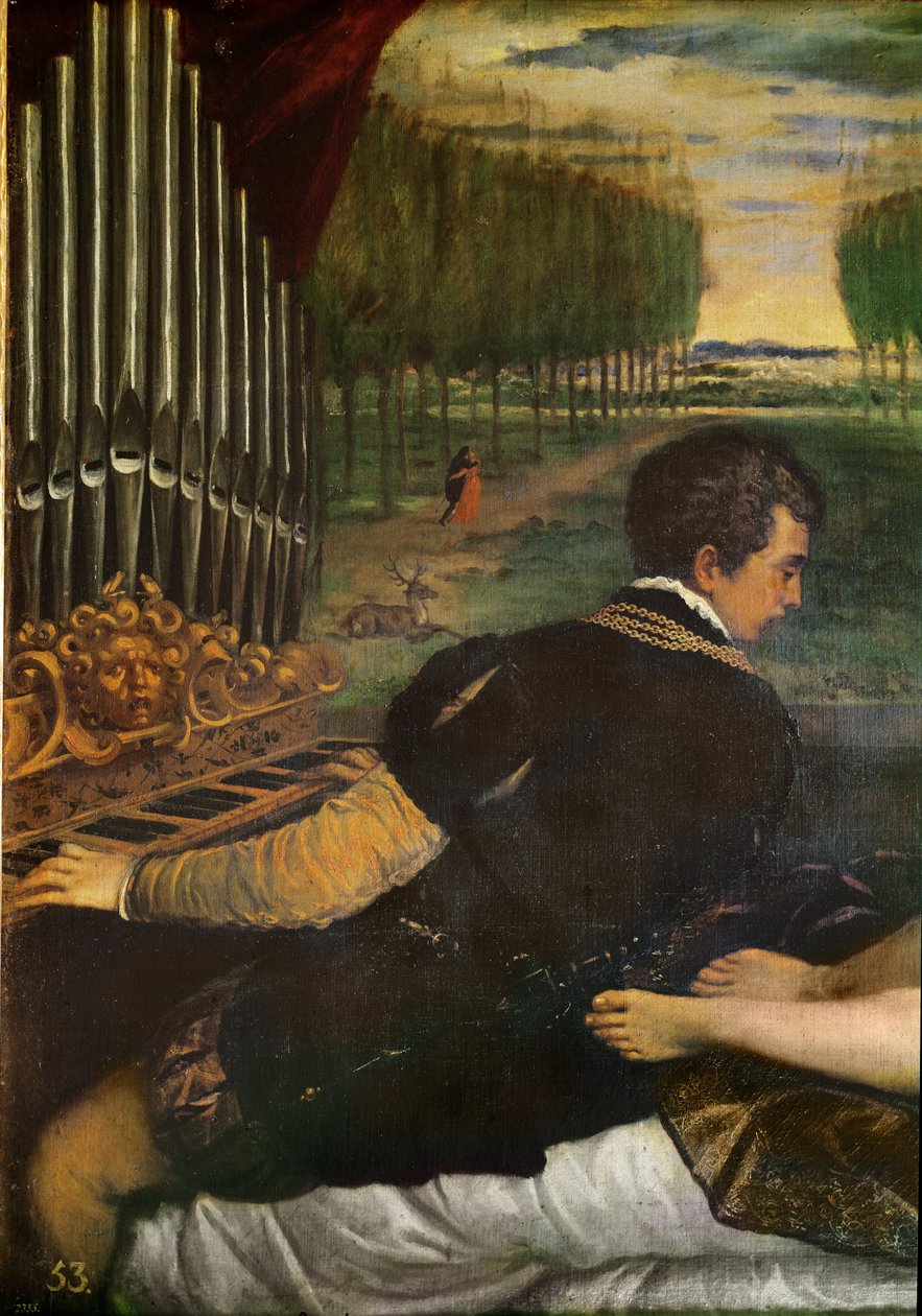 Vênus com um organista e Cupido ou Ottavio Farn ese, organista e sua amante (detalhe do organista), c.1540-50 de Tiziano Vecelli