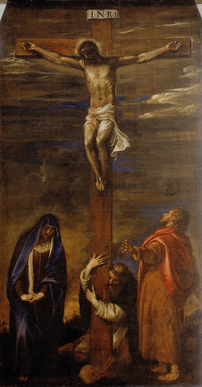Cristo na cruz com a Virgem, São João e São Domingos de Tiziano Vecelli