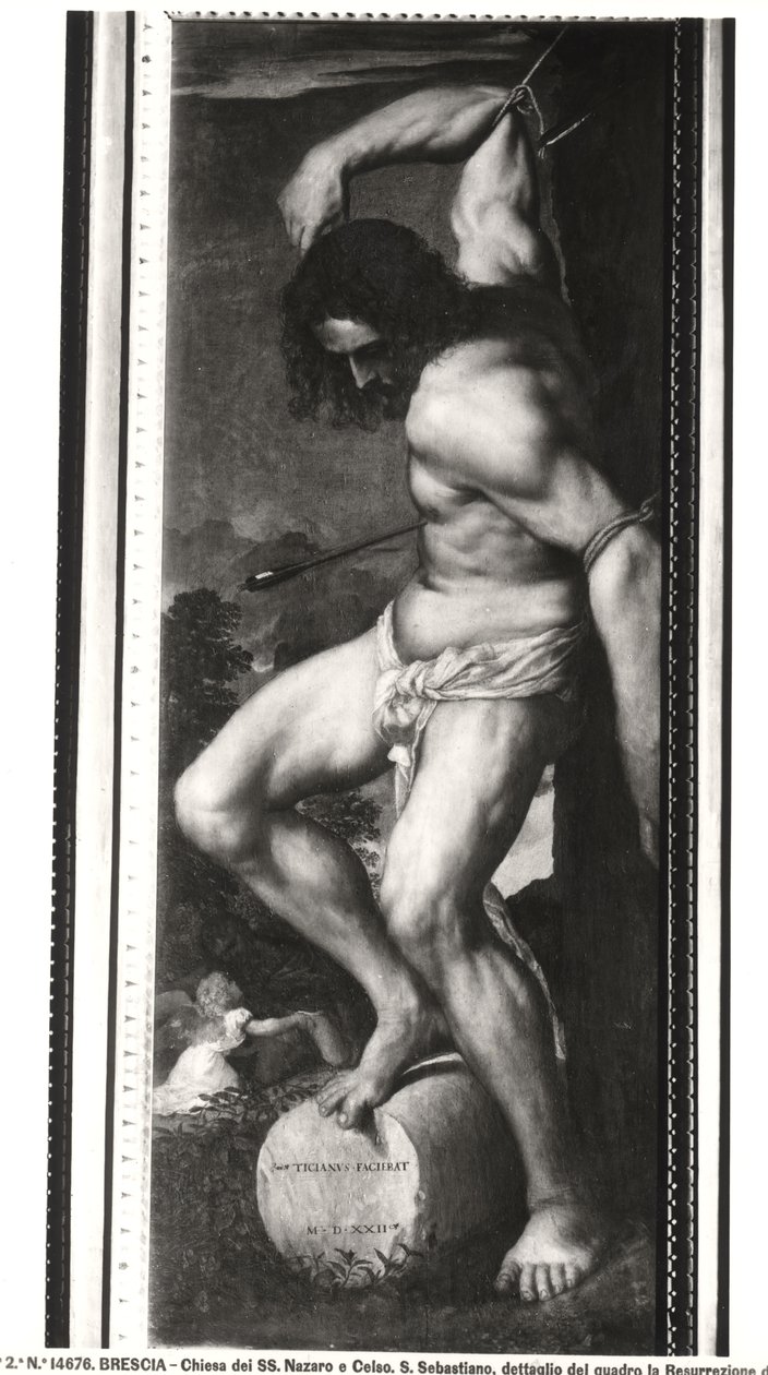 Averoldi Polyptych, painel representando o martírio de São Sebastião, 1522 (detalhe) de Tiziano Vecelli