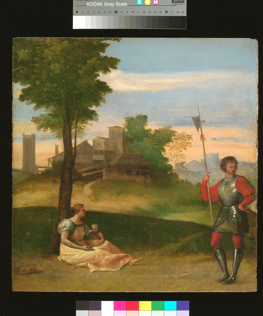 Um Idílio: Uma mãe e um alabardeiro numa paisagem arborizada, c.1505-10 (óleo sobre painel) de Titian (c.1488 1576) (attr. to)