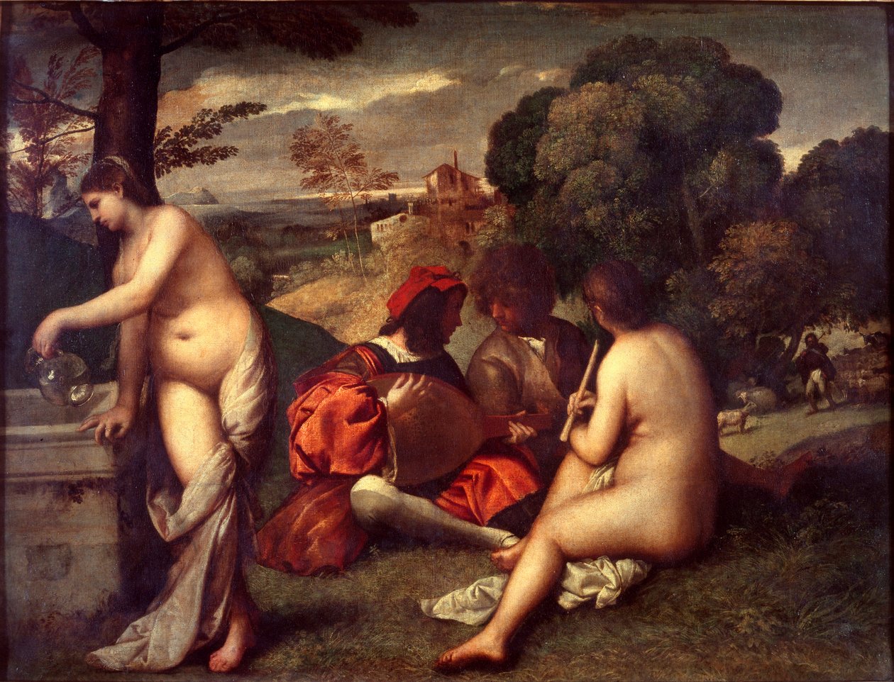O Concerto Pastoral, c 1509 (óleo sobre tela) de Titian (c.1488 1576) (attr. to)