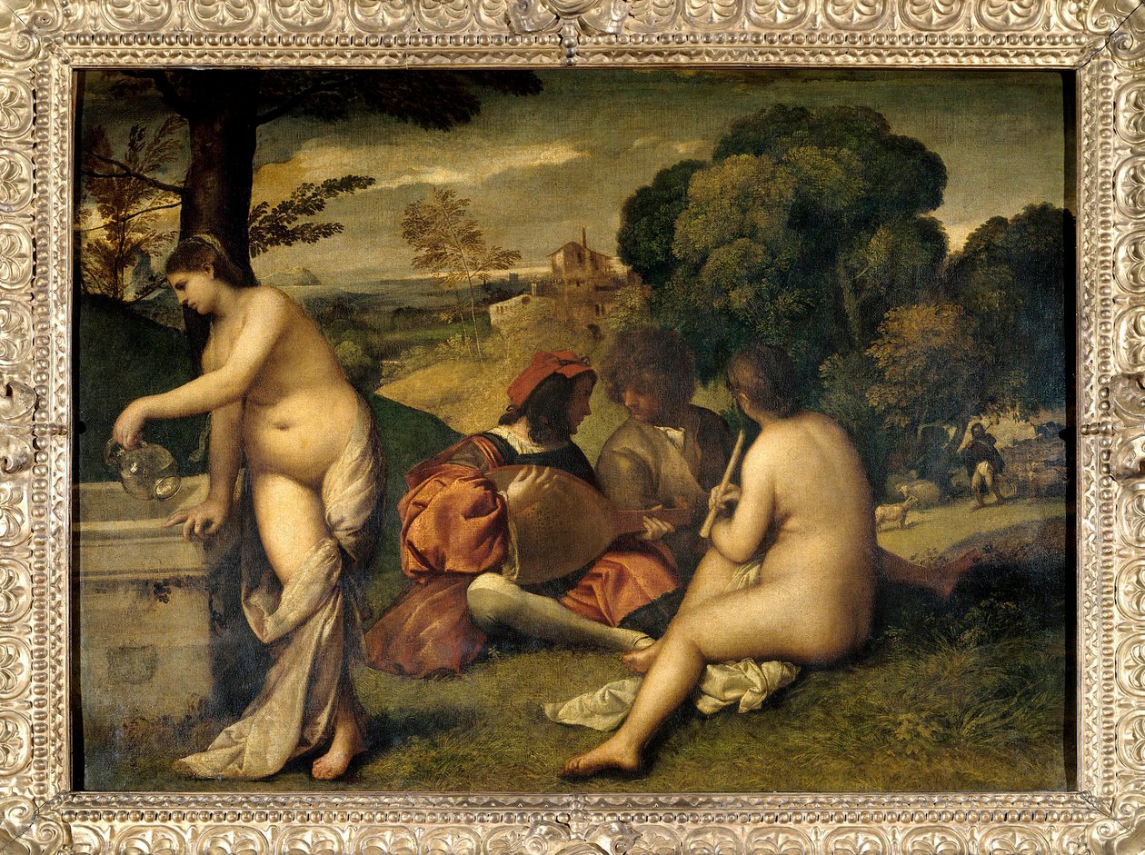 O concerto da banda Músicos na relva, as duas mulheres estão nuas, uma delas encheu seu jarro com água em uma fonte. Pintura atribuída a Tiziano Vecellio dit le Titian (1485-1576) ou Giorgio da Castelfranco dit Giorgione (1476/1478-1510) Sol. 1,05 X 1 de Titian (c.1488 1576) (attr. to)
