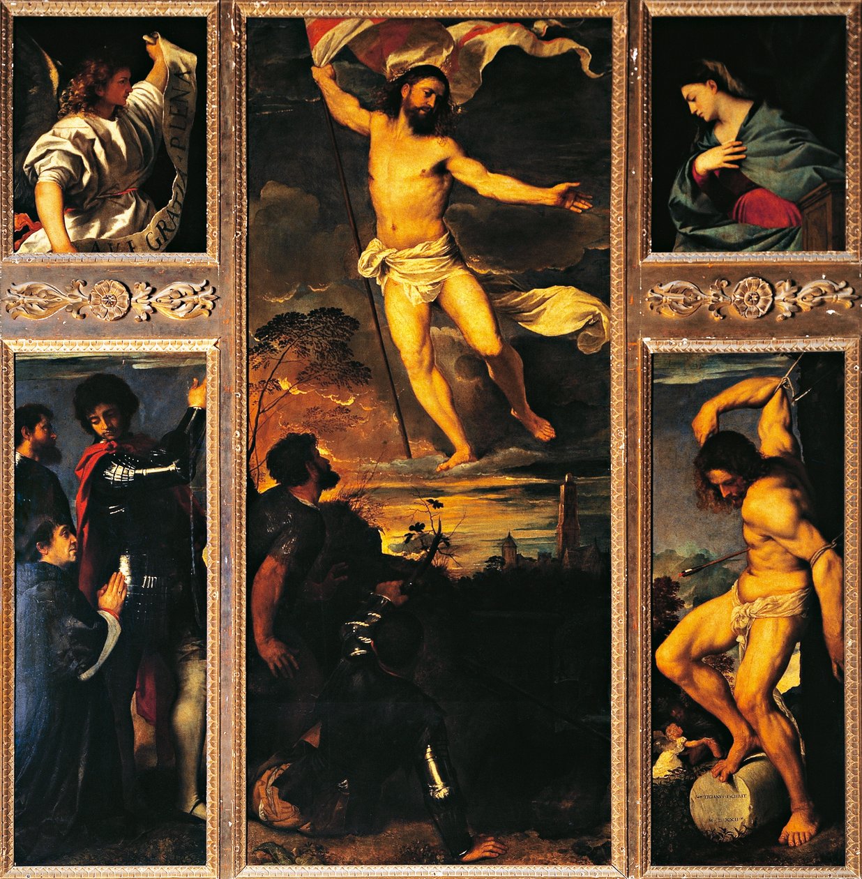 Averoldi Altarpiece de Vecellio Tiziano (1488-1576), óleo sobre tela, 278x292 cm Igreja Colegiada dos Santos Nazario e Celso, Brescia de Titian (c.1488 1576)