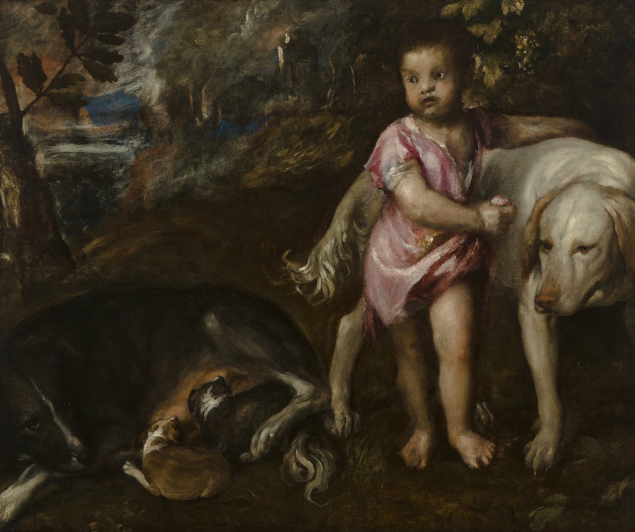 Rapaz com cães numa paisagem de Titian (c.1488 1576)