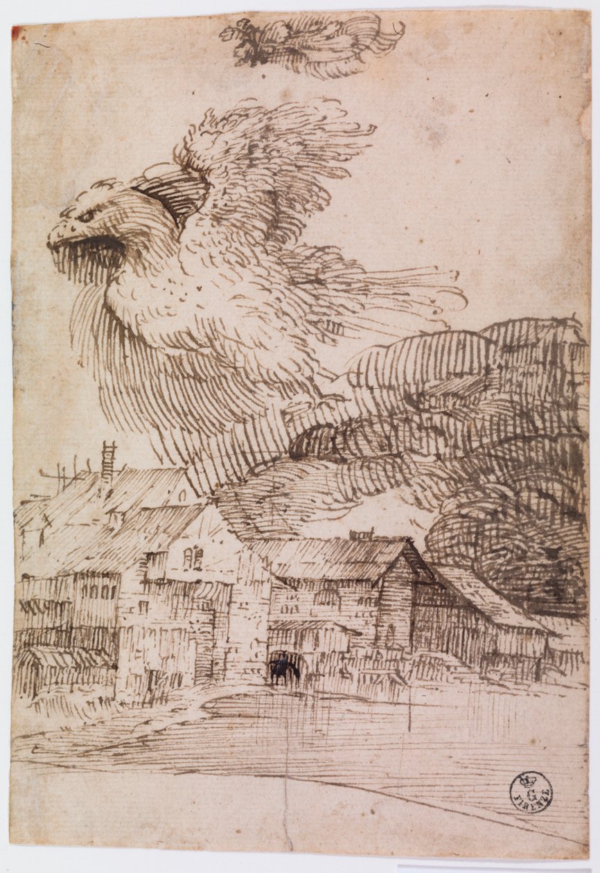 Casas e uma águia (caneta e tinta sobre papel) de Titian (c.1488 1576)