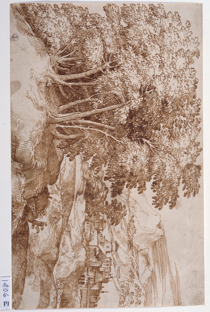 Paisagem com árvores à esquerda e uma cidade ao fundo (caneta e tinta sobre papel) de Titian (c.1488 1576)