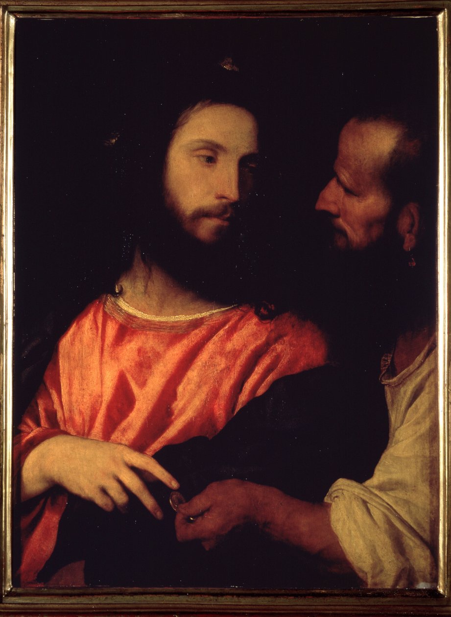 O dinheiro do tributo (Le tribut en argent) (O dinheiro do tributo). Pedro traz de volta uma moeda de um peixe e entrega-a a Jesus para pagar ao cobrador de impostos à entrada da cidade de Cafarnaum (Capharnaum ou Kefar Nahum). de Titian (c.1488 1576)