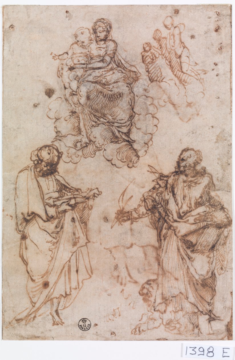 Madona e Menino sentados nas nuvens com santos ou apóstolos (caneta e tinta sobre papel) de Titian (c.1488 1576)